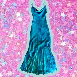 Cache Vintage Y2K Silk Turquoise Bias Cut Gown Sz 2 Dress Slip Fairy Mermaid